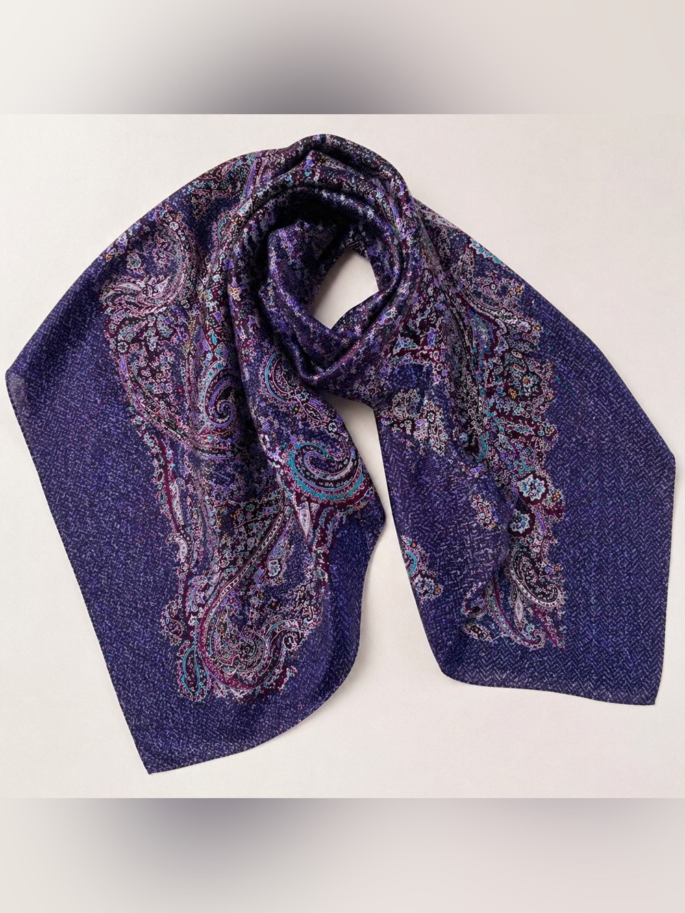 100% Silk Paisley Scarf 35” Plum Indigo Boho Square Wrap Bandana